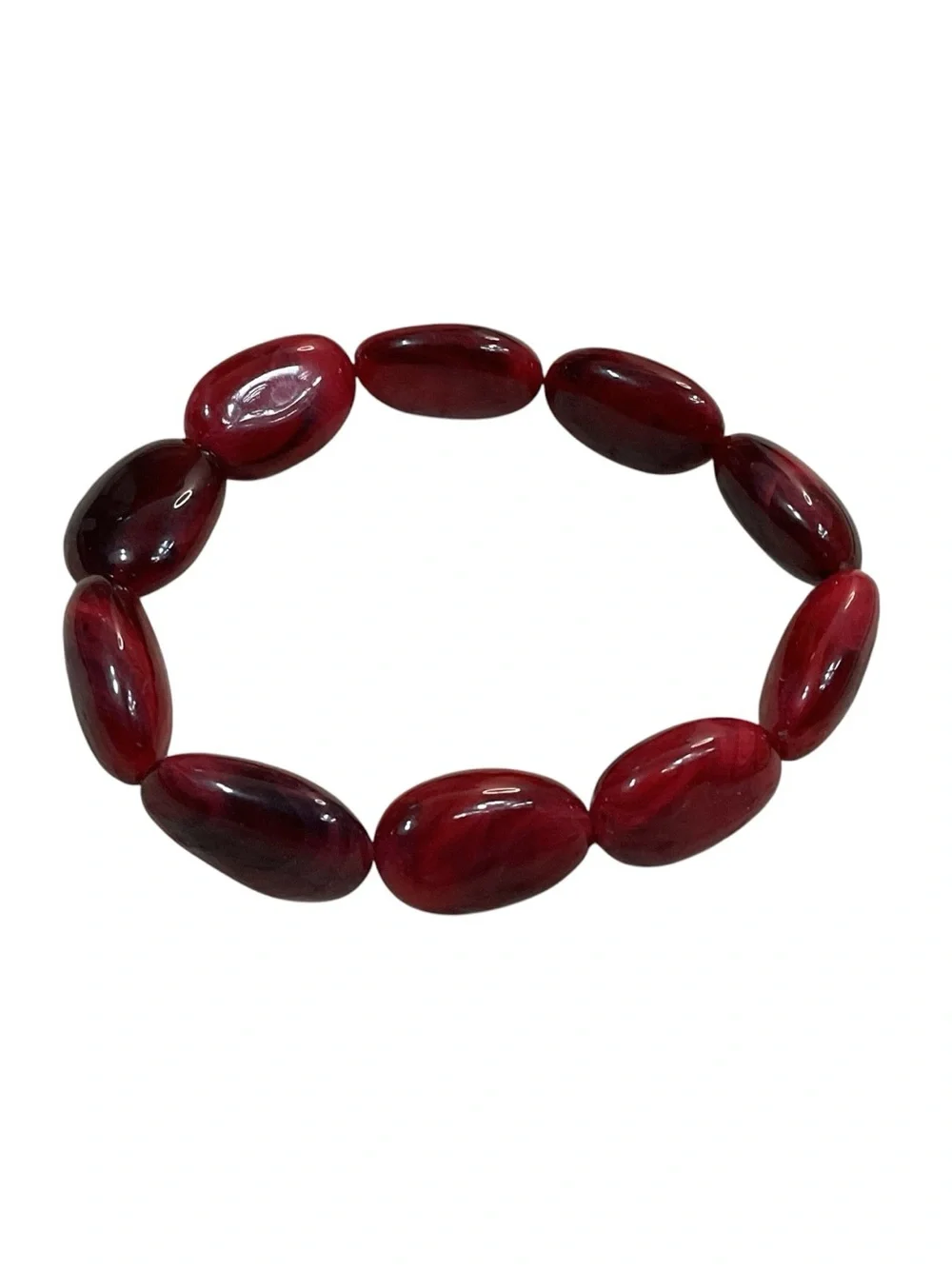 Marbled Ruby Red Oval Bead Stretch Bracelet Chunky Statement Jewelry